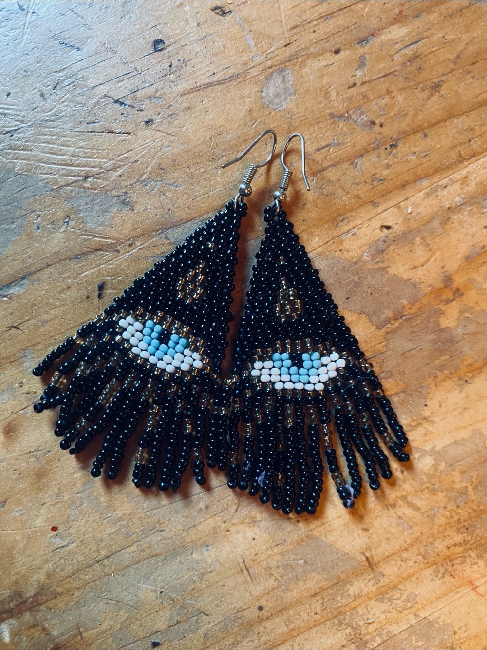 Handmade Black Beaded Fringe Eye Earrings with White & Turquoise Detail